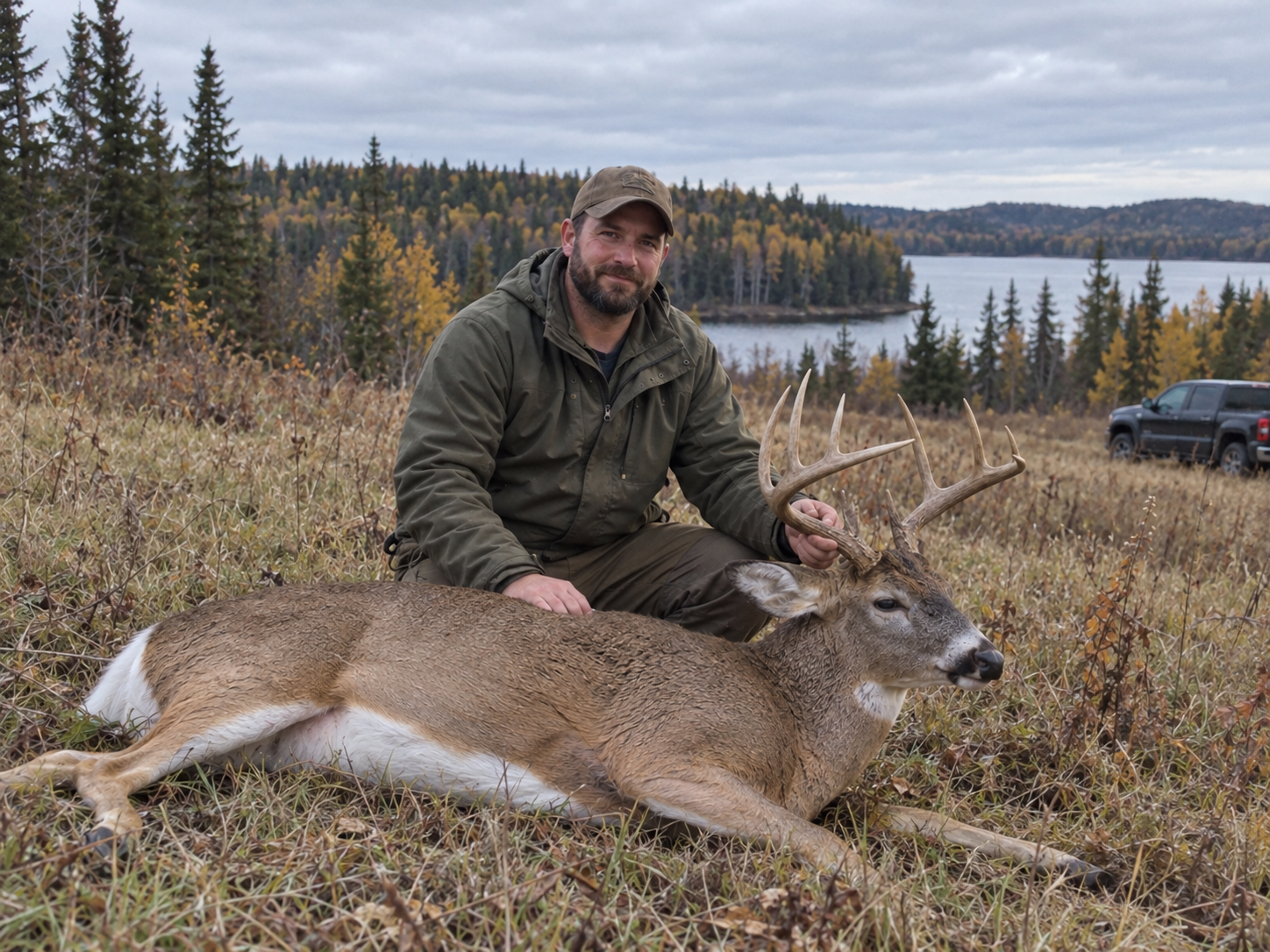 Older hunter kneeling beside a harvested whitetail buck in an autumn meadow