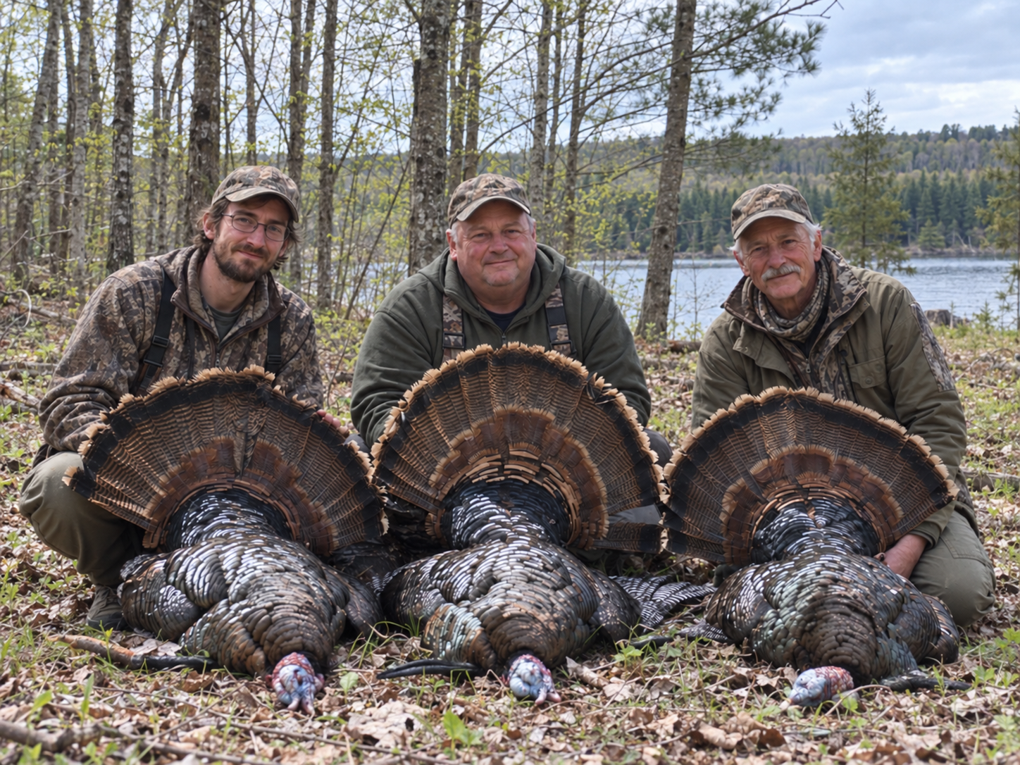Three adult hunters of different ages posing with three harvested turkeys